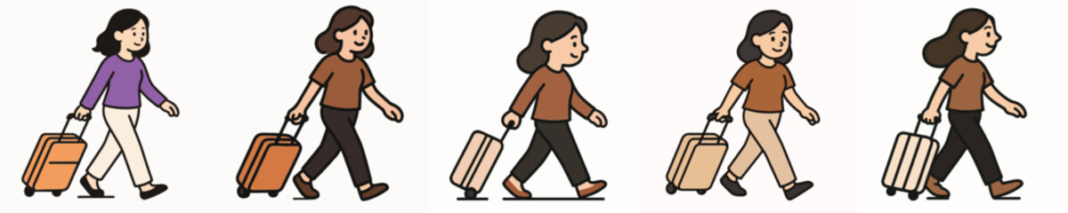 Fototapeta premium Set of vector illustrations of a woman dragging a suitcase