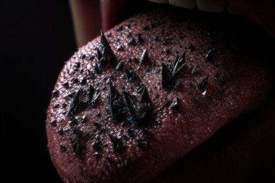 Jagged black crystals grow across a tongue silhouette, visualizing the sharp sensation of bitterness. Dramatic low-key conceptual food photography.