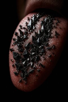 Jagged black crystals grow across a tongue silhouette, visualizing the sharp sensation of bitterness. Dramatic low-key conceptual food photography.