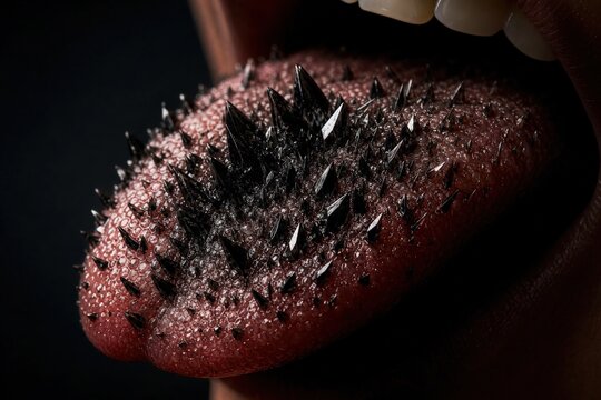 Jagged black crystals grow across a tongue silhouette, visualizing the sharp sensation of bitterness. Dramatic low-key conceptual food photography.