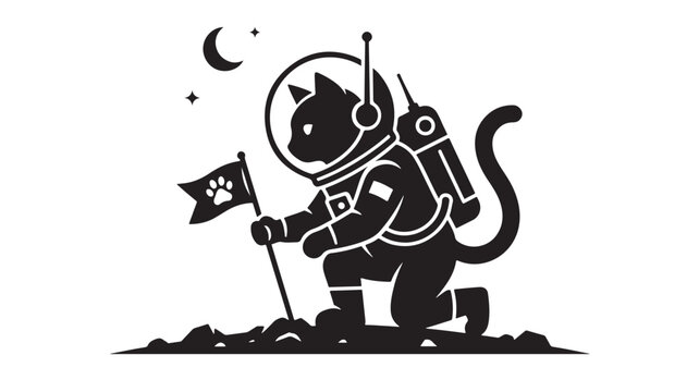 Cat Astronaut Illustration Planting Flag on Moon with Paw Print Symbol Under Crescent Moon Featuring Space, Vector, Black