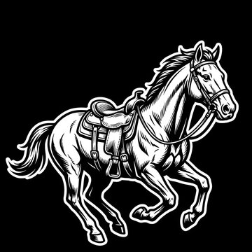 Dynamic black and white line art vector illustration of a saddled horse galloping, formatted with a bold outer white sticker outline on a black backdrop.