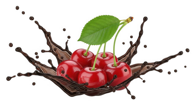 Fresh red cherries splashing in sweet chocolate syrup isolated on transparent background