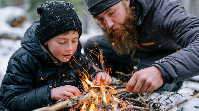 Winter wilderness survival student practicing fire starting with a ferro rod in falling snow, instructor watching over the shoulder, intergenerational skills transfer outdoor education lifestyle .ul
