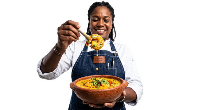 Cheerful female chef holding fresh salad in a wooden bowl. Happy cook presenting healthy organic vegetables for a restaurant menu.