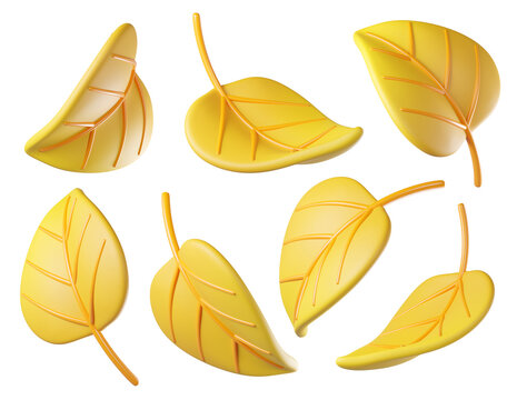 Set of yellow 3D fall autumn leaves, isolated on background. Foliage elements for autumn decoration, harvest, Halloween, Thanksgiving banners. 3d render
