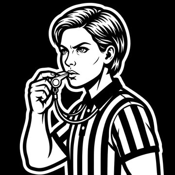 A comic book style line art vector illustration of a focused female referee in a striped official uniform blowing a metal whistle isolated on a black background.