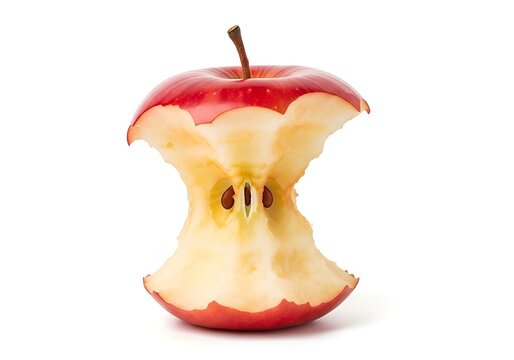 Bite taken out of red apple with stem