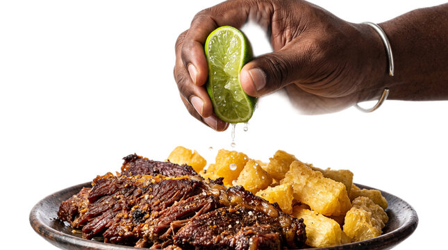Close-up of hand squeezing lime over grilled steak and fries. Fresh citrus garnish drizzling juice on barbecue meat and golden potato wedges.