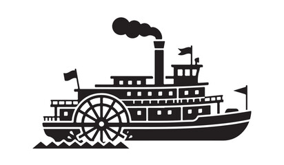 Mississippi paddle steamer vessel silhouette for steamship riverboat, smoke stack boat, and nautical transport sign. © Mahinur