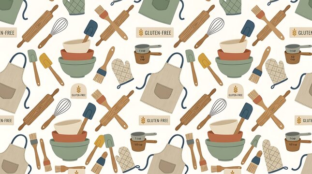 Baking tools and kitchen utensils seamless pattern illustration with culinary