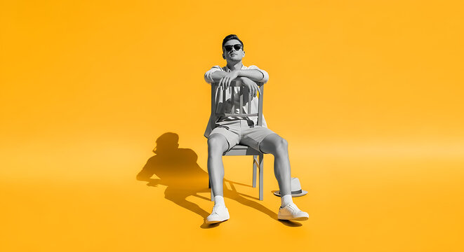 Man in Sunglasses Sitting on a Chair Against an Orange Background