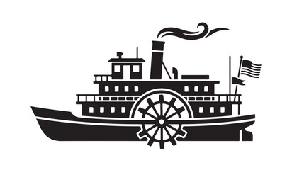 Mississippi paddle steamer vessel silhouette for steamship riverboat, smoke stack boat, and nautical transport sign. © Mahinur