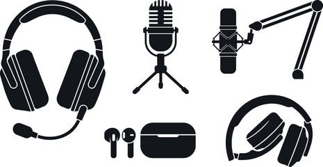 Audio Equipment and Podcast Icon Set with Over Ear Headphones, Vintage Microphones, Studio Boom Arms, and Wireless Earbuds for Streaming and Recording Layouts © ArjunaAkter