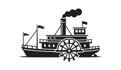 Mississippi paddle steamer vessel silhouette for steamship riverboat, smoke stack boat, and nautical transport sign. © Mahinur