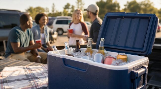 Friends enjoying chilled drinks at outdoor tailgate party