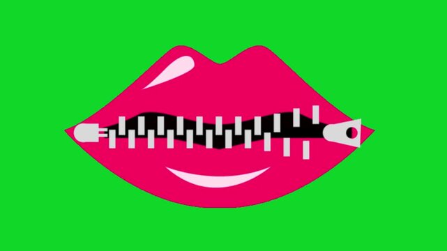 Zipper Lips Vector Animation Green Screen | Silent Mouth Cartoon Motion Graphics 4K