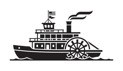 Mississippi paddle steamer vessel silhouette for steamship riverboat, smoke stack boat, and nautical transport sign. © Mahinur