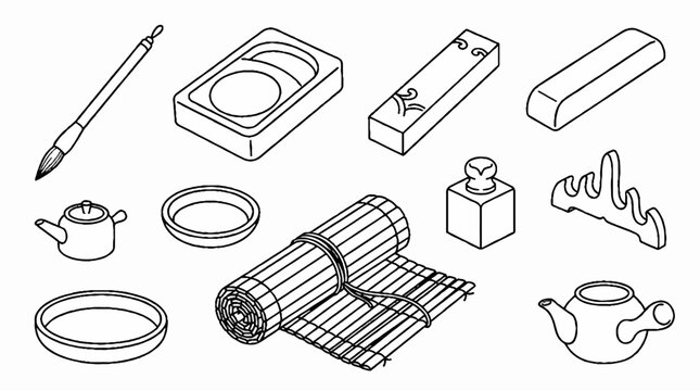 A collection of traditional East Asian calligraphy and tea ceremony tools illustrated in an isometric line art style.