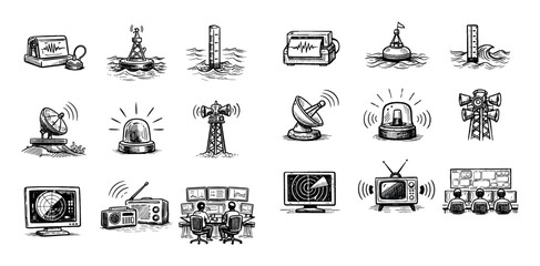 Communication and technology concept icons with radar, antenna and monitoring for dashboard interface in sketch illustration © Olena