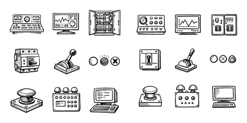 Industrial control and monitoring design icons with control panel, joystick and computer for presentation design in outline style © Olena