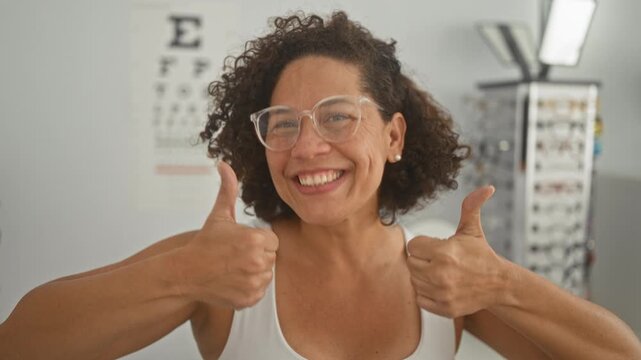 Woman wearing clear eyeglasses smiles and gives two thumbs up at optician building with eye chart and glasses rack visible; joy vision confidence health.