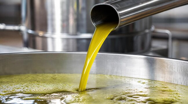 Fresh Olive Oil Pouring in Stainless Steel Factory Vat