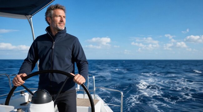 Mature Man Steering Sailboat on Open Ocean
