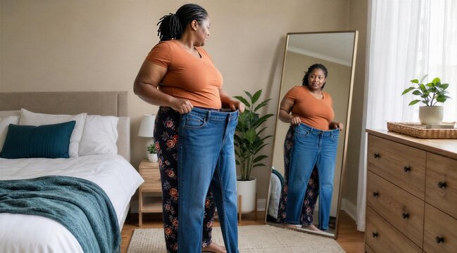 Plus Size Woman Trying Jeans in Bedroom Mirror