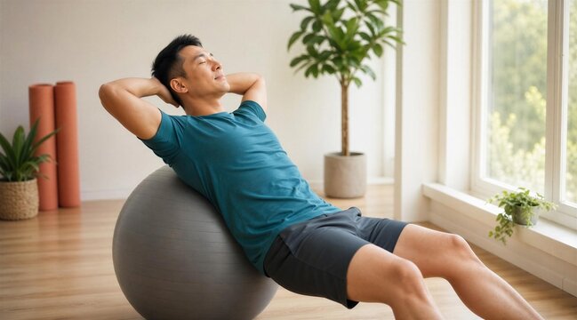 Asian Man Core Workout on Stability Ball at Home