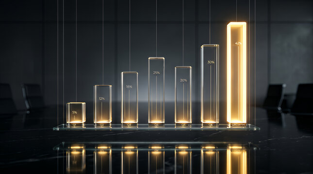 Bar graph constructed from vertical glass pillars rests on a reflective boardroom table to illustrate corporate financial growth metrics and successful investment strategies for business.