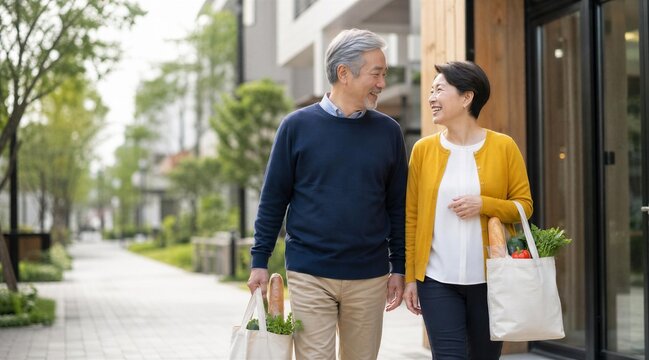 Senior couple walking with reusable grocery bags