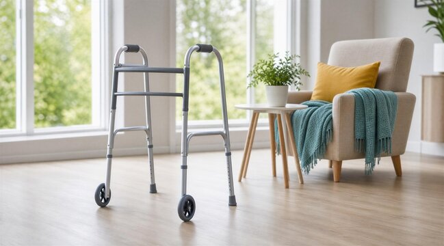 Walker Mobility Aid in Bright Home Living Room