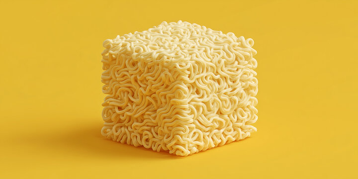 A cube of instant noodles on a bright yellow background