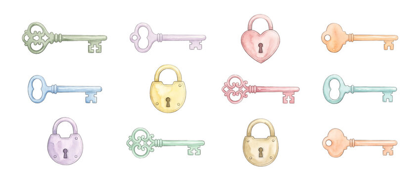 Watercolor vintage keys and locks set isolated on black background. Pastel color skeleton key and padlock clipart graphics for romantic wedding invitations, secret diary design, and craft scrapbooks.