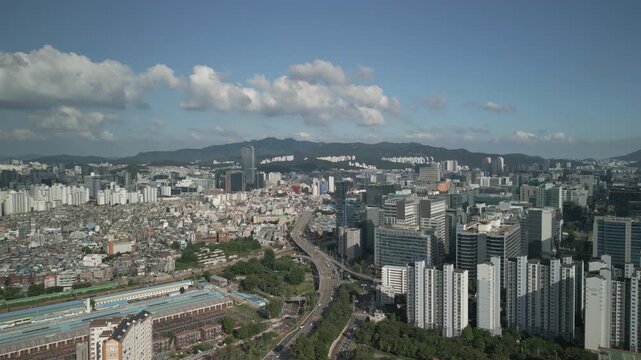 4K Drone of Surrounding Area of Gocheok Sky Dome Baseball Stadium and the Train Track Between Guro Station and Gasan Digital Complex Station