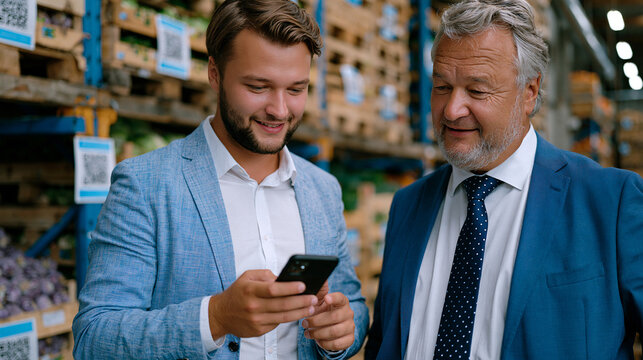 Agtech startup founder demonstrating blockchain food traceability mobile scan to grocery distribution executive in busy urban cold storage facility, produce pallets tagged with digital provenance QR
