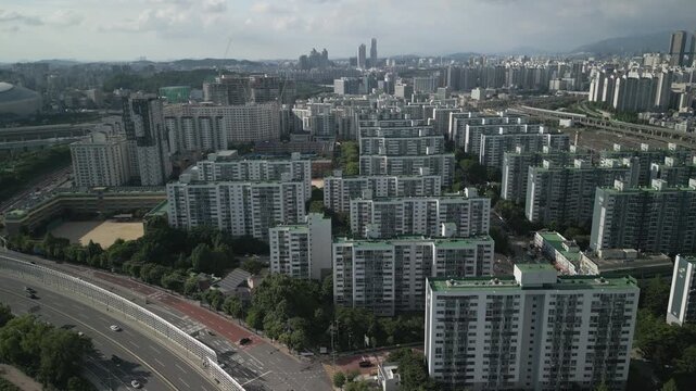 4K Drone of Surrounding Area of Gocheok Sky Dome Baseball Stadium and the Train Track Between Guro Station and Gasan Digital Complex Station