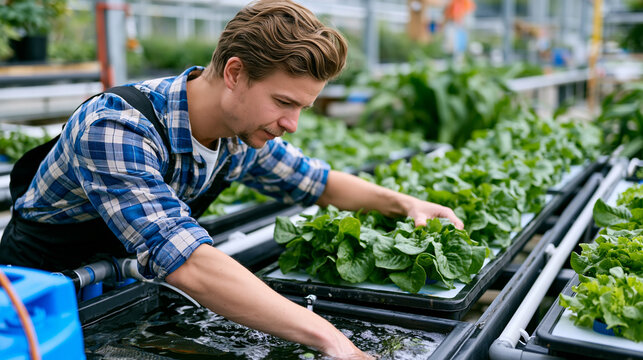 Aquaponics facility technician monitoring fish tank water chemistry alongside hydroponic lettuce raft beds in humid greenhouse, integrated recirculating system pipes visible, process in action showi