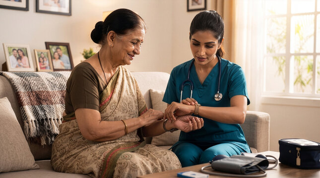 Indian Female Nurse Checking Pulse of Senior Woman During Compassionate Home Healthcare Visit in Traditional Indian Home