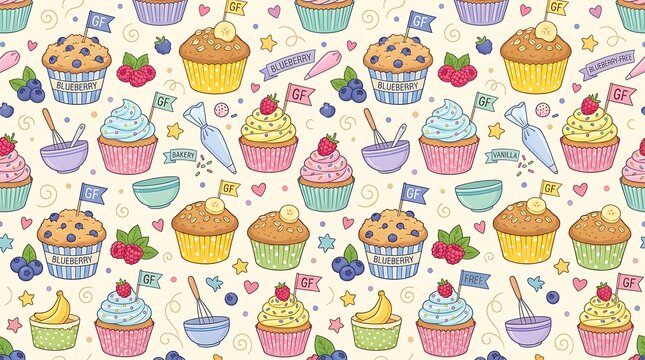 Colorful hand-drawn cupcake bakery seamless pattern background with seamless