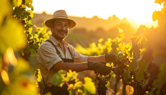 Farmer Harvesting Grapes in Vineyard During Golden Hour.