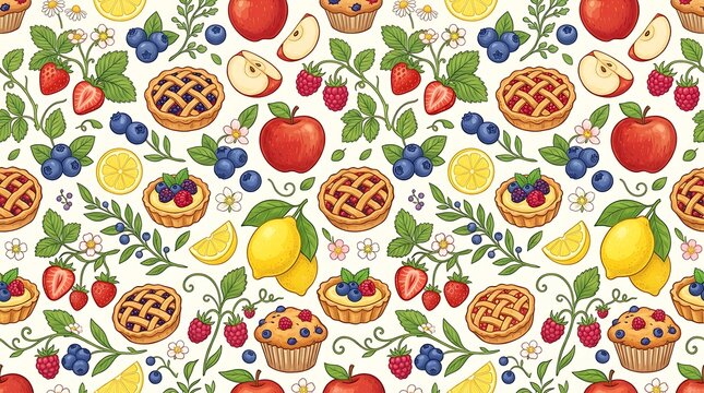 Watercolor fruit and pie pattern background with watercolor seamless blueberry