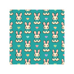 Obraz premium Pixel art seamless pattern of cute rabbits with bow ties and hearts on teal background.