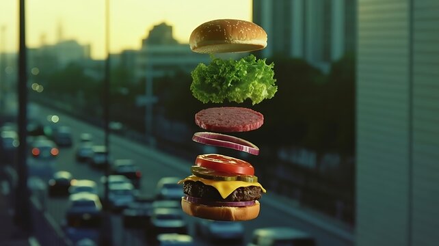 Deconstructed flying hamburger ingredients falling dynamically isolated on a transparent background. 