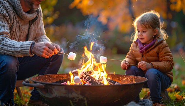 Father and Daughter Roasting Marshmallows Over a Campfire in Autumn.