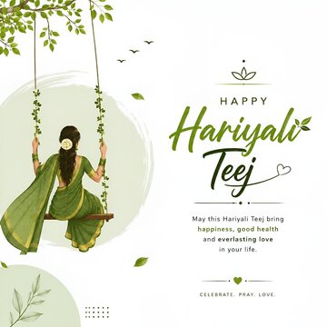 Happy hariyali teej festive greeting card illustration with indian woman on a traditional swing in green saree hariyali festival tradition