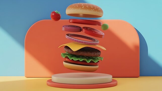 Deconstructed flying hamburger ingredients falling dynamically isolated on a transparent background. 