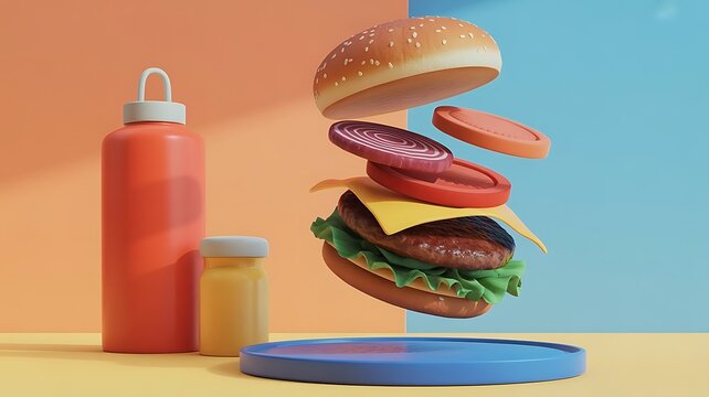 Deconstructed flying hamburger ingredients falling dynamically isolated on a transparent background. 