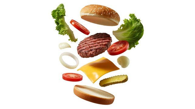 Deconstructed flying hamburger ingredients falling dynamically isolated on a transparent background. 